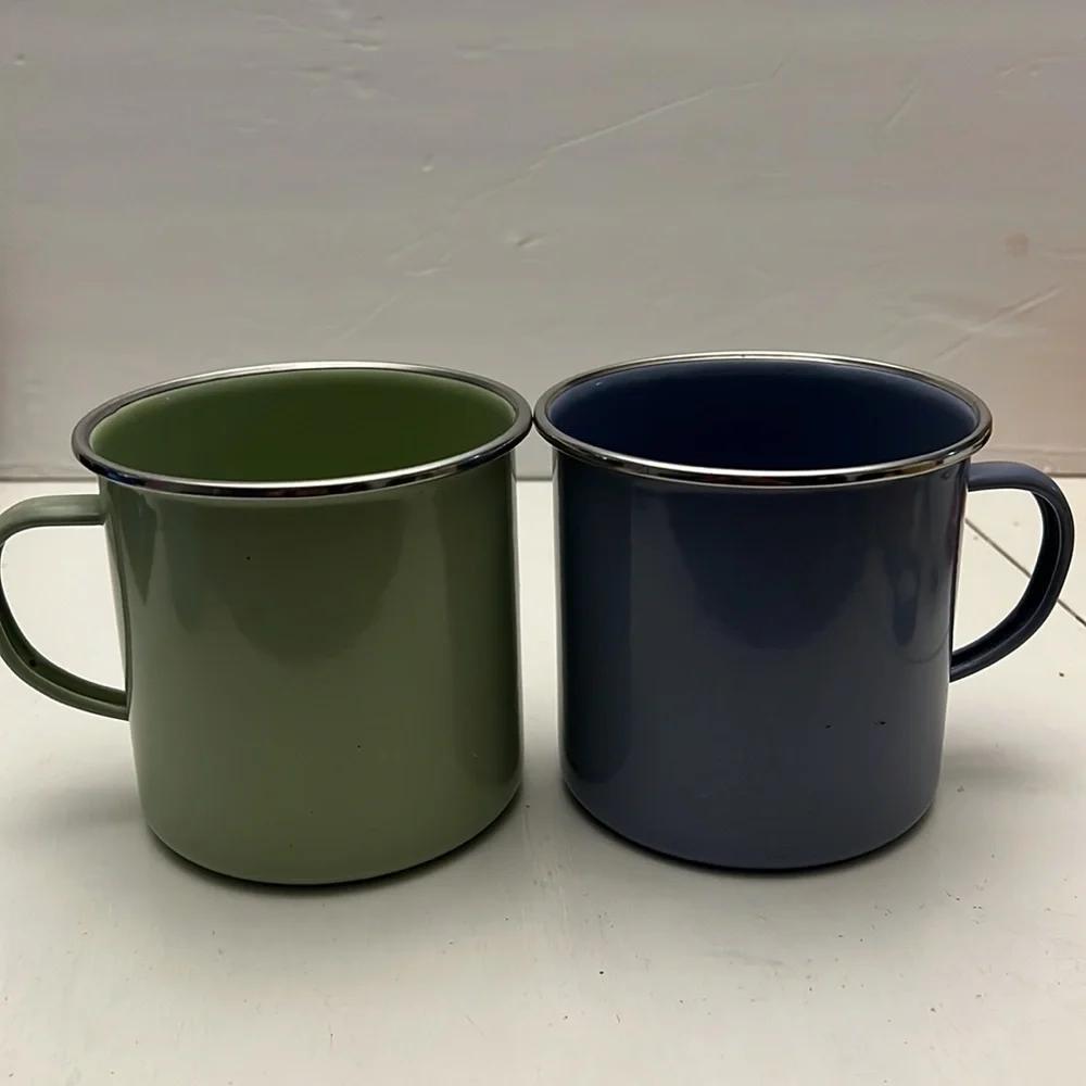 Pair of Pottery Barn Enamel Oversized Camper Mugs